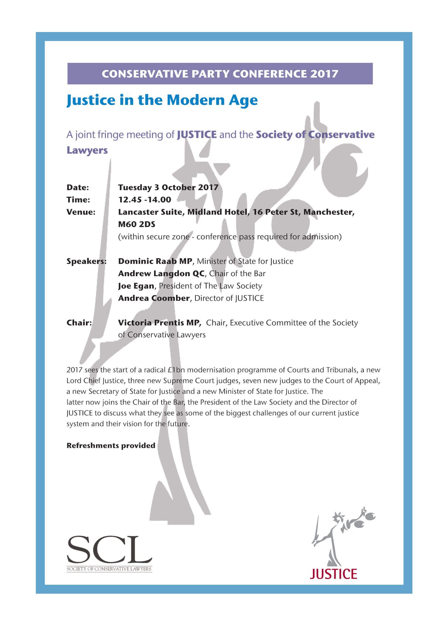Justice in the modern age flyer